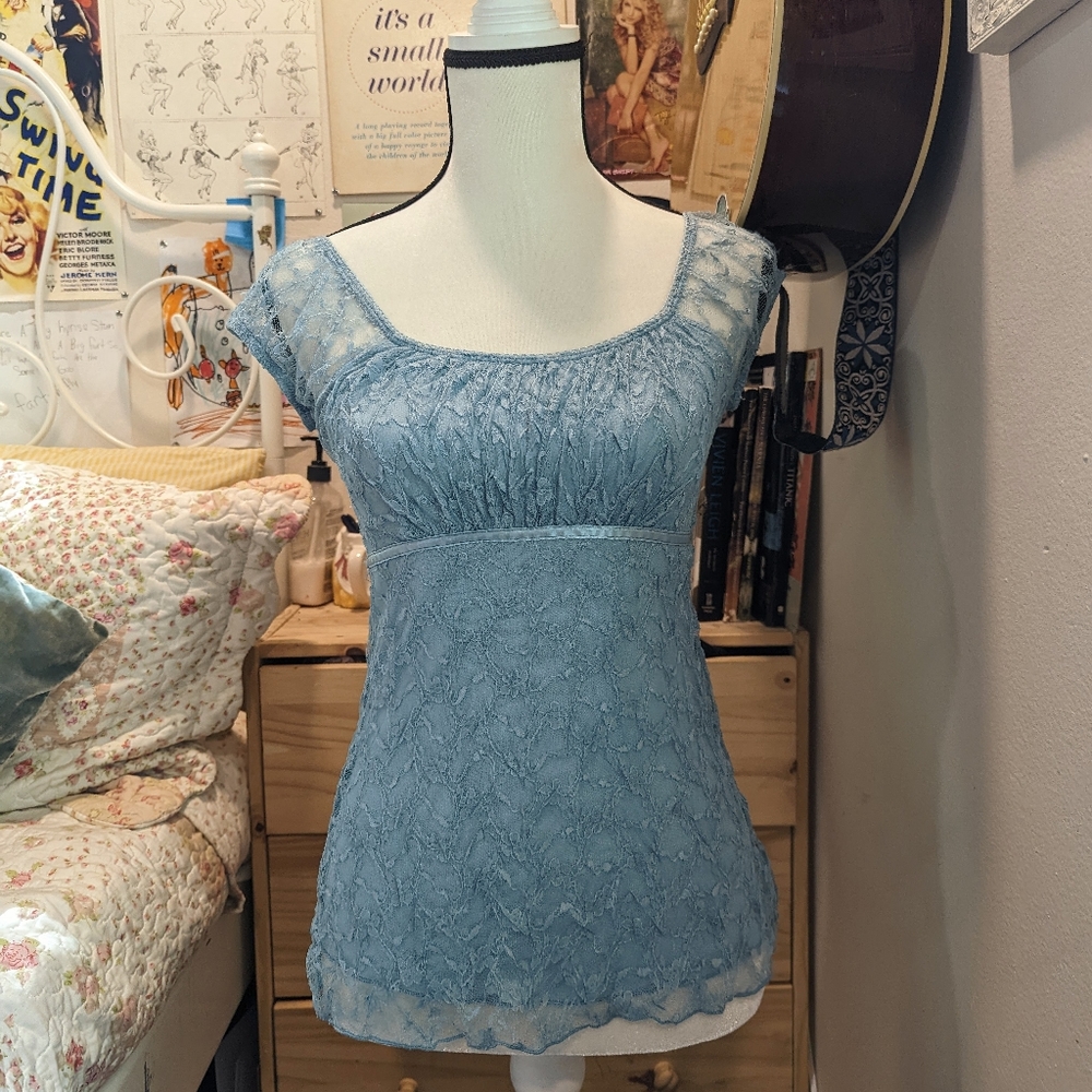 Tiffany Box Blue Lace Empire Waist Top Cute Coquette VTG Y2K